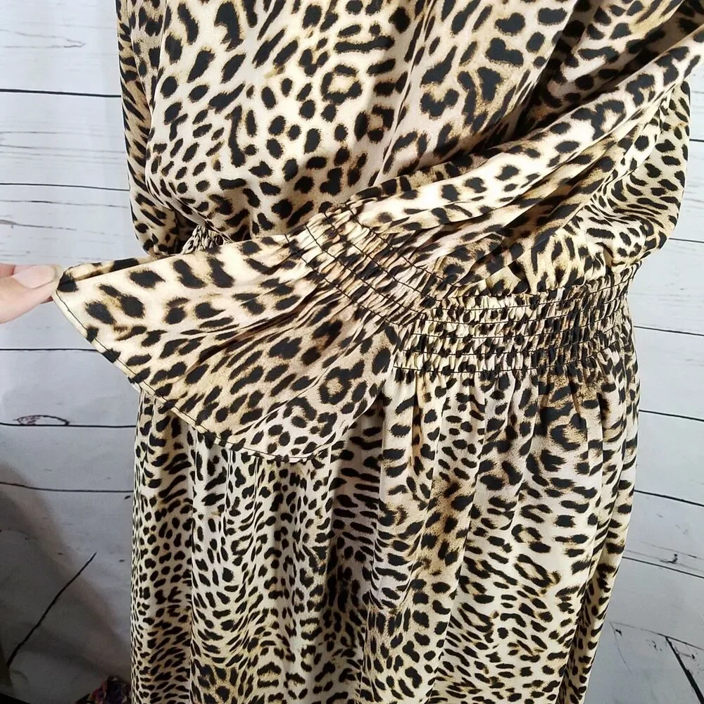 Libby Edelman Womens Leopard Print Off Shoulder Boho Festival Swing Dress NWT M